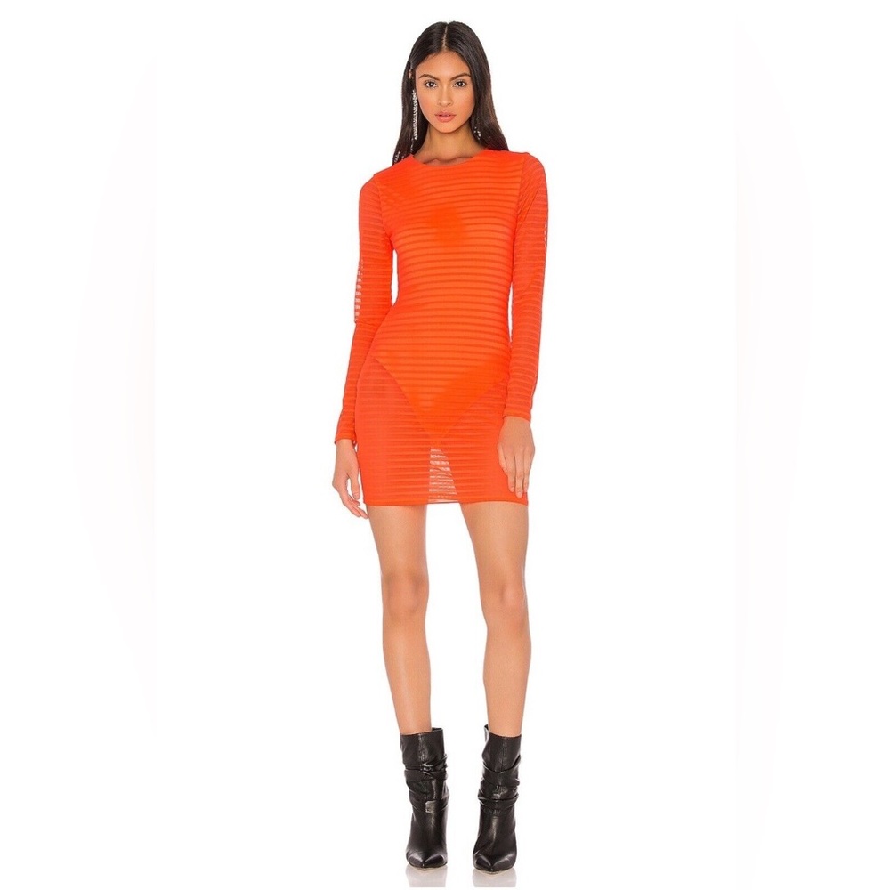 REVOLVE h:ours Size S Mini Dress Neon Orange Striped Bust Bodycon Sleeves Women